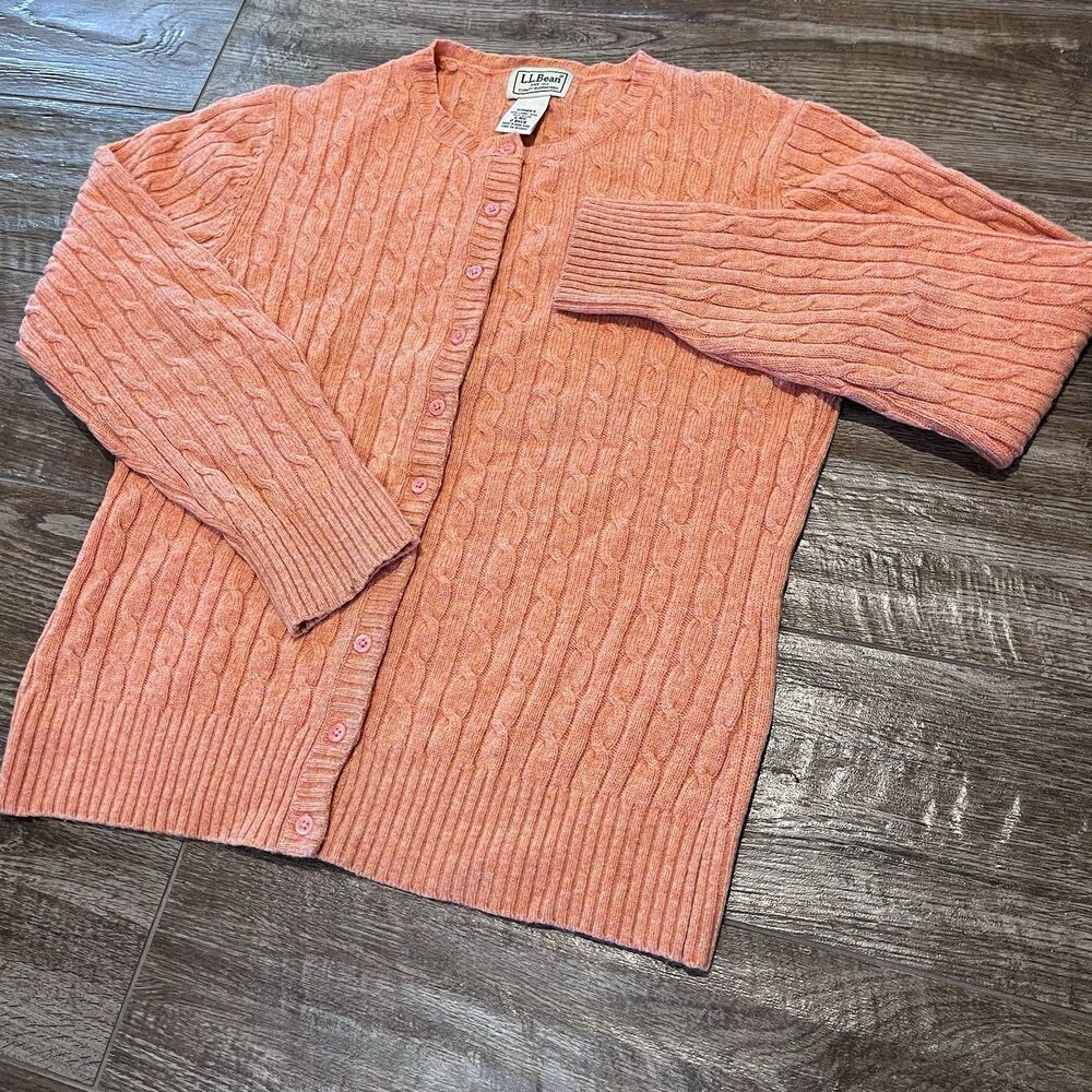 L.L.Bean Cable Knit Cardigan Womens Small Orange Lambswool Nylon Sweater Button